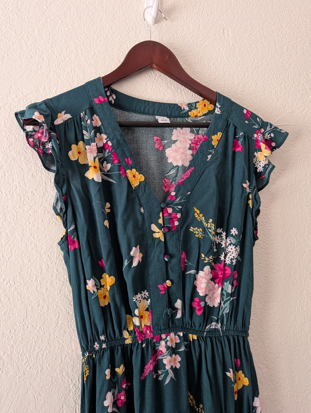 Old Navy Green Pink Floral Ruffle Sleeve Midi Dress Size Small - Picture 6 of 13